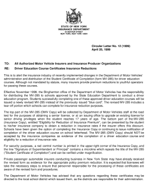 Fillable Online dfs ny Driver Education Course Certificates Insurance Reductions - dfs ny Fax ...
