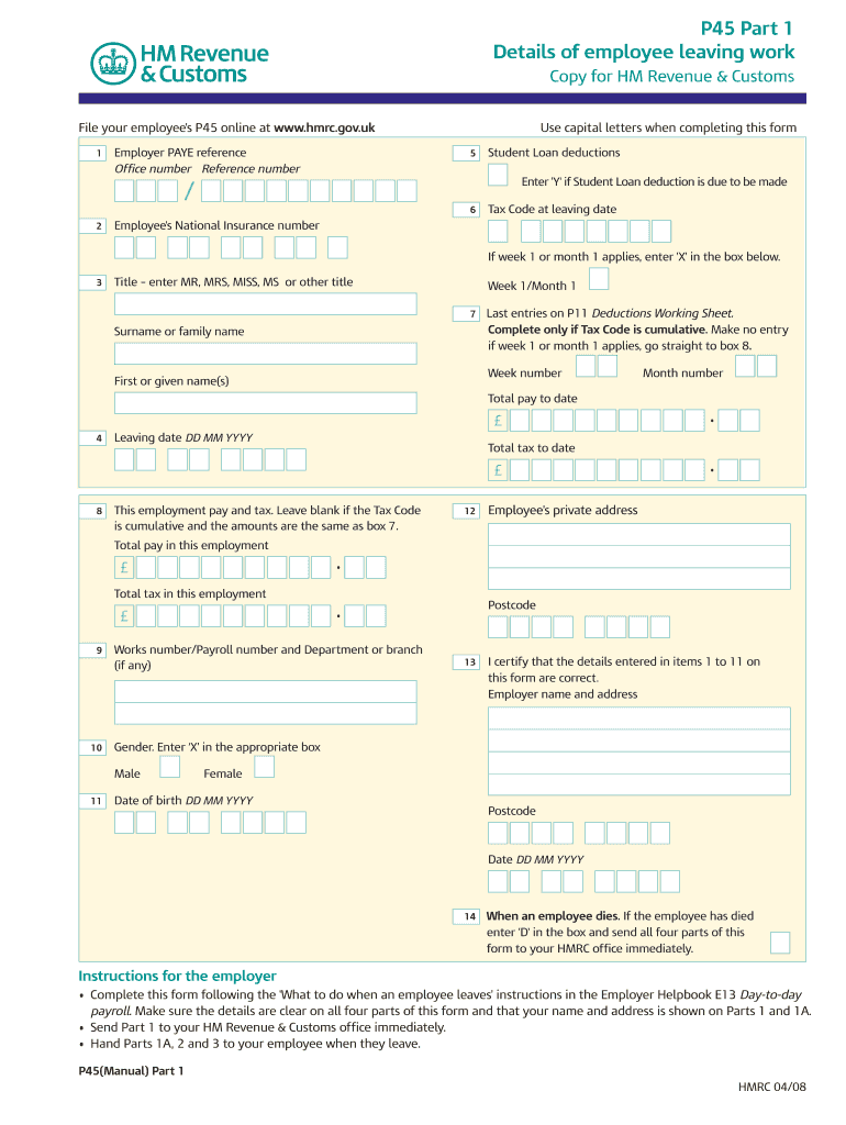 2008 UK HMRC Form P45 Blank Fillable Template Fill Out Print