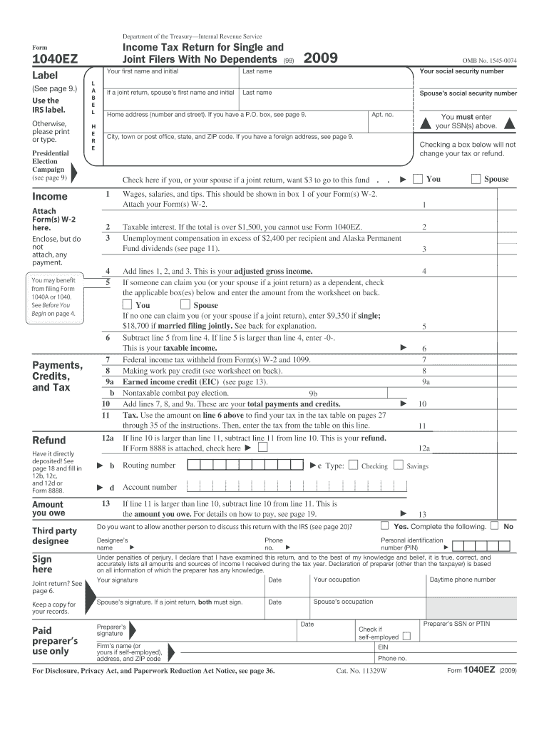 2009 Form Irs 1040 Ez Fill Online Printable Fillable Blank Pdffiller