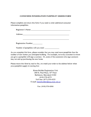 Consumer Information Pamphlet Order Form