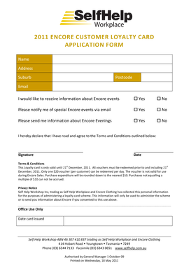 Encore Customer Loyalty Card Application Form