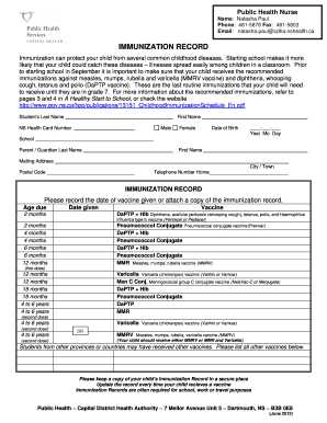 Nova Scotia School Immunization Record