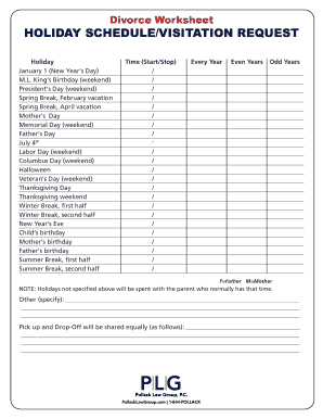 Divorce Worksheet Holiday Schedule