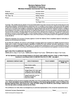 Montana Commercial Tow Truck Insurance Certificate