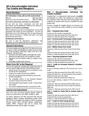 Arizona Form 301 Tax Credits and Recapture
