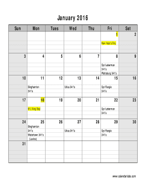Fillable Online nynb uscourts 2016 Monthly Calendar 2016 Monthly 