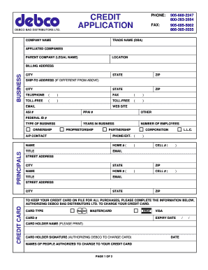 Debco Bag Distributors Credit Application