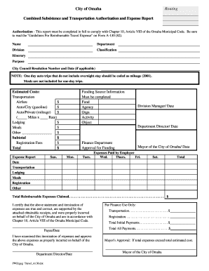 Combined Subsistence and Transportation Authorization and Expense Report