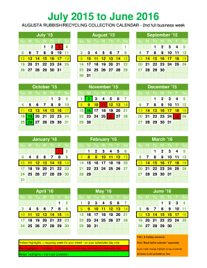 FY July 2015 to June 2016 Rubbish/Recycling Calendar - Green - augustamaine