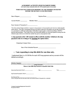 ACH Debit Stop Payment Form