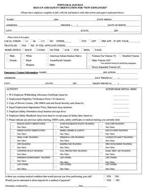 Postler & Jaekle New Employee Sign-Up and Safety Orientation Form
