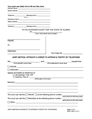 Joint Motion Affidavit Order Telephone Testimony Alaska