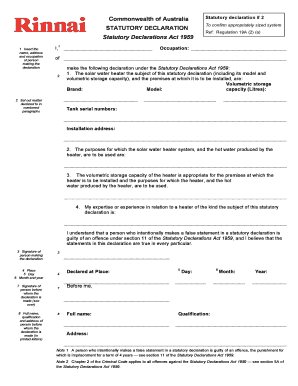 Australia Statutory Declaration for Solar Water Heater