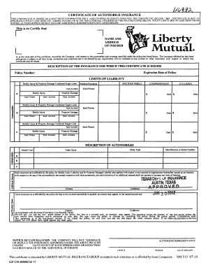 Certificate of Automobile Insurance