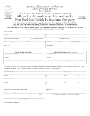 Alabama Affidavit of Acquisition and Disposition of a Non-Total Loss Vehicle