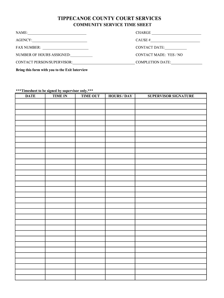 IN Community Service Time Sheet Tippecanoe County Fill And Sign 