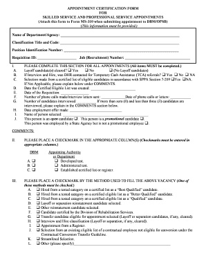 Appointment Certification Form for Skilled Service and Professional Service Appointments