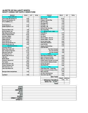 Aloette Dallas/Fort Worth Beauty Consultant Supply Order Form