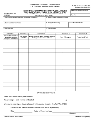 Inward Cargo Manifest for Vessel