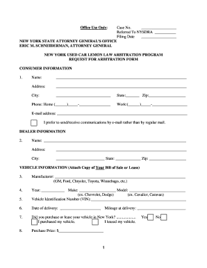 Used Car Lemon Law Request for Arbitration Form