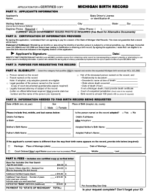 Michigan Birth Record Certified Copy Application