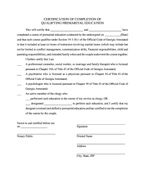 Georgia Premarital Education Completion Certificate
