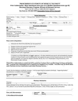 Prescriber's Statement of Medical Necessity for Botox/Myobloc