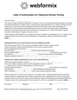 Letter of Authorization for Telephone Number Porting