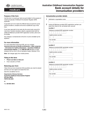 Australian Childhood Immunisation Register Bank Details Form