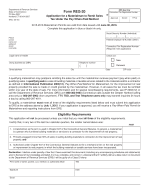 Connecticut Form REG-20 Application for Materialman to Remit Sales Tax