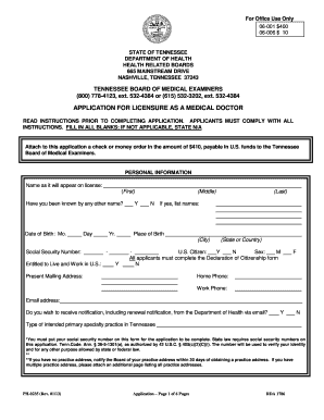 Tennessee Medical Doctor Licensure Application