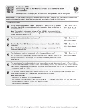 Publication 4731 Rev 10-2015 Screening Sheet for Nonbusiness Credit Card Debt Cancellation - irs