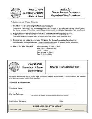 Iowa Secretary of State Charge Transaction Form