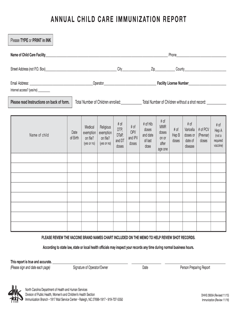 N C DHHS: DHHS 2900 A-B Annual Child Care Immunization Report - immunize nc Preview on Page 1