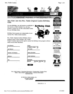 Mrs. Fields Cookies Birthday Club Membership Form