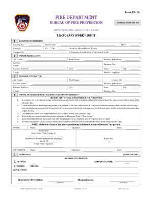 New York Temporary Work Permit for Fire Alarm Alterations