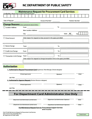 Maintenance Request for Procurement Card Services