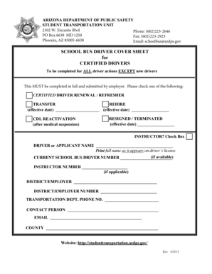 Arizona School Bus Driver Cover Sheet