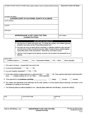 Memorandum to Set Case for Trial