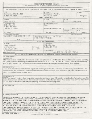 Army Achievement Award Recommendation Form
