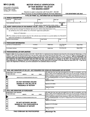 Pennsylvania Motor Vehicle Verification Form MV-3