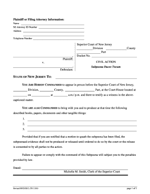 New Jersey Subpoena Duces Tecum