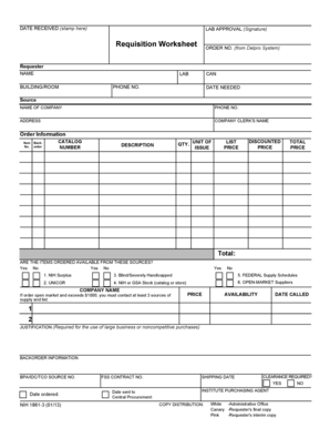 NIH Requisition Worksheet