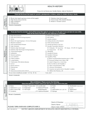 South Carolina Health History Form
