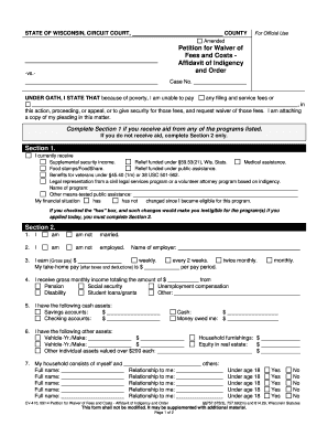Wisconsin Petition for Waiver of Fees and Costs