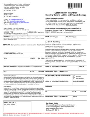 Minnesota Certificate of Insurance for Contractors