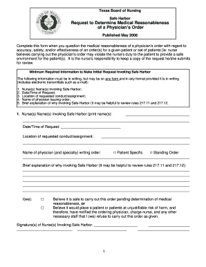 Texas Board of Nursing Safe Harbor Request