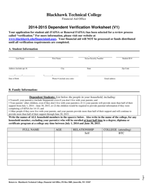 Blackhawk Technical College Dependent Verification Worksheet