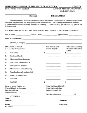 New York Estate List of Assets/Inventory Form