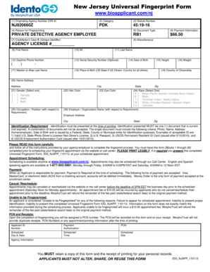 New Jersey Universal Fingerprint Form